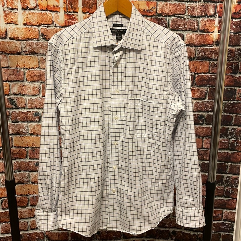Pronto Uomo mens medium button down shirt Cotton Non Iron window pane